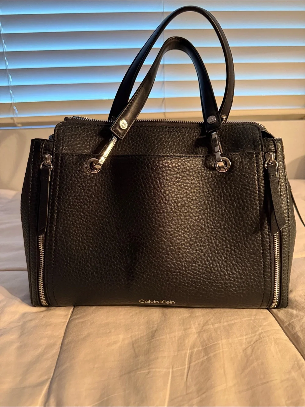 Calvin Klein Black Pebbled Leather Tote Satchel with Silver Hardware